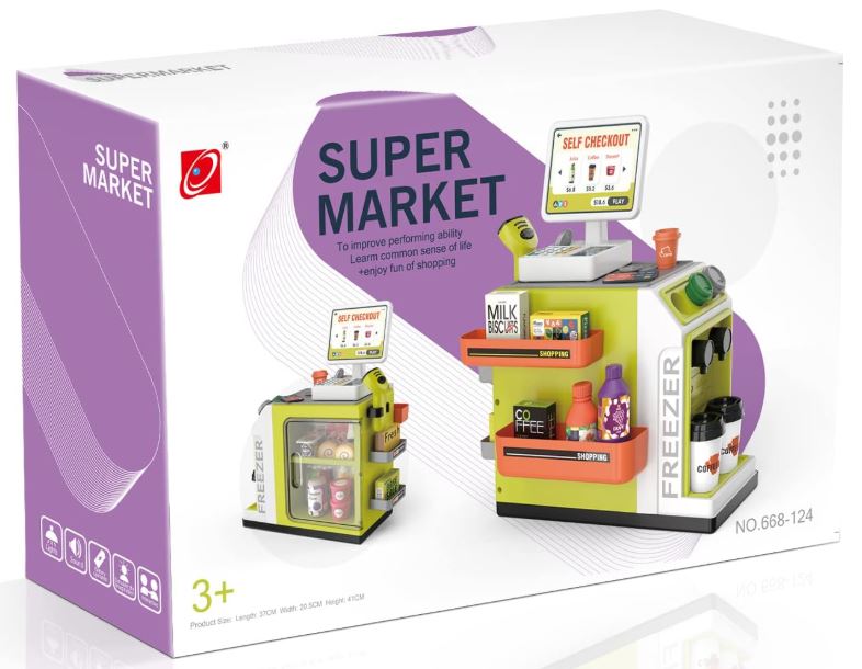 Cash Register Playset for Kids - 48PCS Pretend Play Money, Calculator, Scanner, Credit Card and Play Food for Boys and Girls Ages 3+ (668-124)