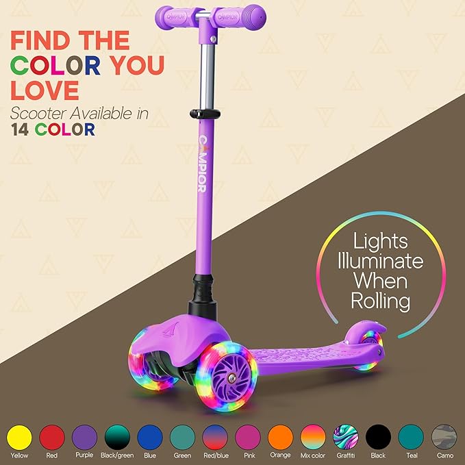 Purple Mini 3 Wheel Scooter for Kids – Lean-to-Steer with LED Light-Up Wheels, Adjustable Handlebar, Wide Anti-Slip Deck, Smooth PU Wheels, Rear Foot Brake – Toddler Scooter for Ages 2+