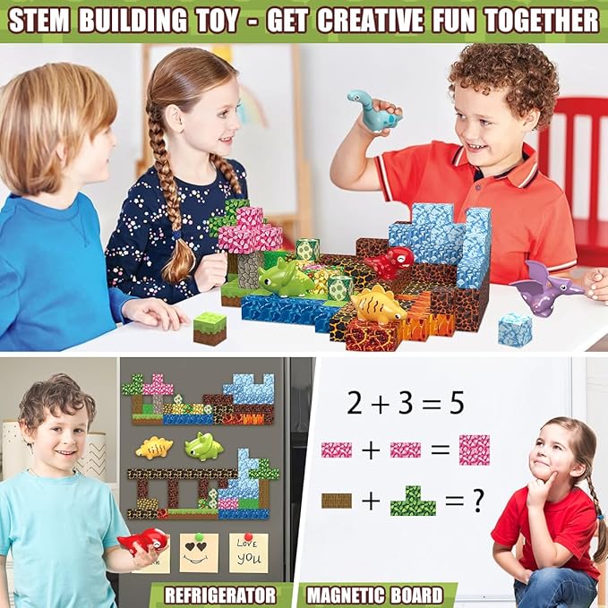 205Pcs Dinosaur Toys Magnetic Blocks Build 3D Dinosaur World Jurassic Scenes, 1" Magnetic Building Blocks Magnet Cubes Tiles for Toddler Boys Girls 3+, STEM Sensory Building Toys Games