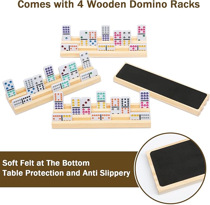 Mexican Train Dominoes Set with 4 Wooden Trays/Racks, Double 12 Dominos Travel Set with 4 Domino Tiles Holders, 91 Tiles Double 12 Colored Dominoes Game Set with Portable Case for Families Kids