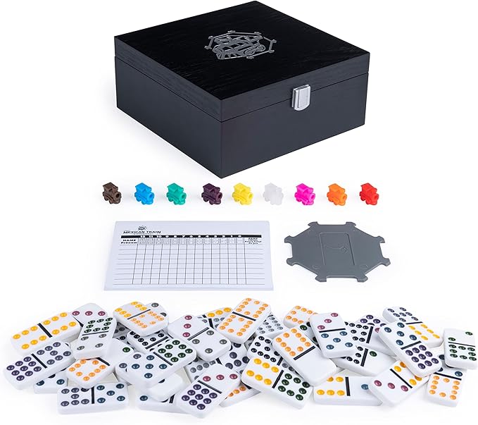 Spin Master Games Legacy Deluxe Mexican Train Dominoes, Classic Original Board Game Set Double-12 Dominoes with Sturdy Wood Case, for Kids and Adults Aged 8 and up