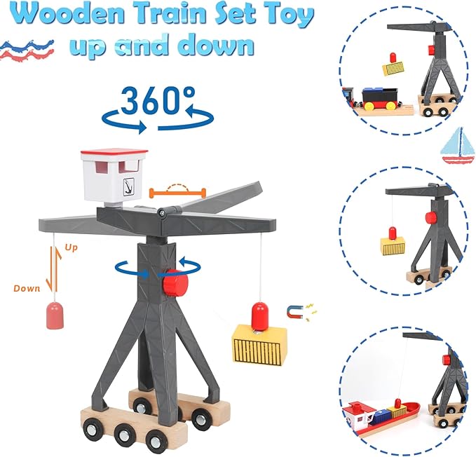 Wdmiya Wooden Train Set for Toddlers, 57 Pcs Wooden Train Track for Kids, Train Toy with Bridge and Tracks (Fits Thomas & Brio), Birthday Trains Gift for 2 3 4 5 6 7 8 Years Old (Harbor)