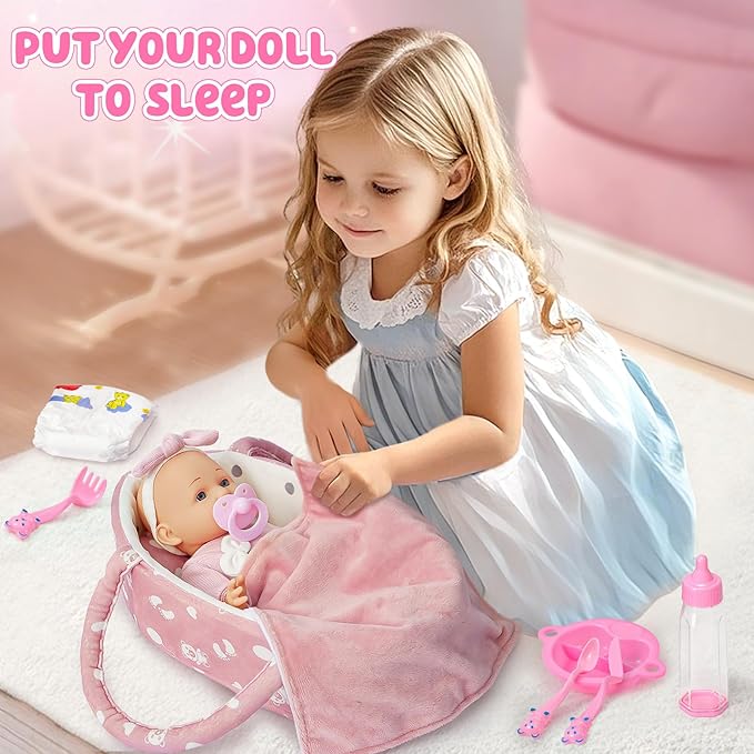 Golray 12" Soft Baby Doll Set with Accessories Bassinet Carrier, 13 Pcs First Toddlers Realistic Baby Doll Crib with Pillow/ Clothes/ Feeding Kit, Pretend Play Toy Birthday Gift for Girls Ages 3 4 5 6