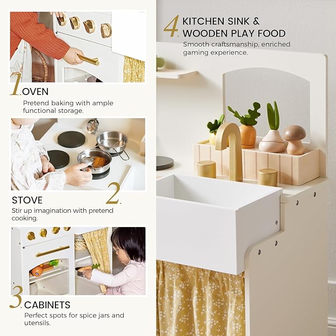 Tiny Land Play Kitchen, Kids Kitchen Playset, Toddler Kitchen with Cutting Food Set, Wooden Kitchen Sets for Kids, Best Gift for Girls and Boys