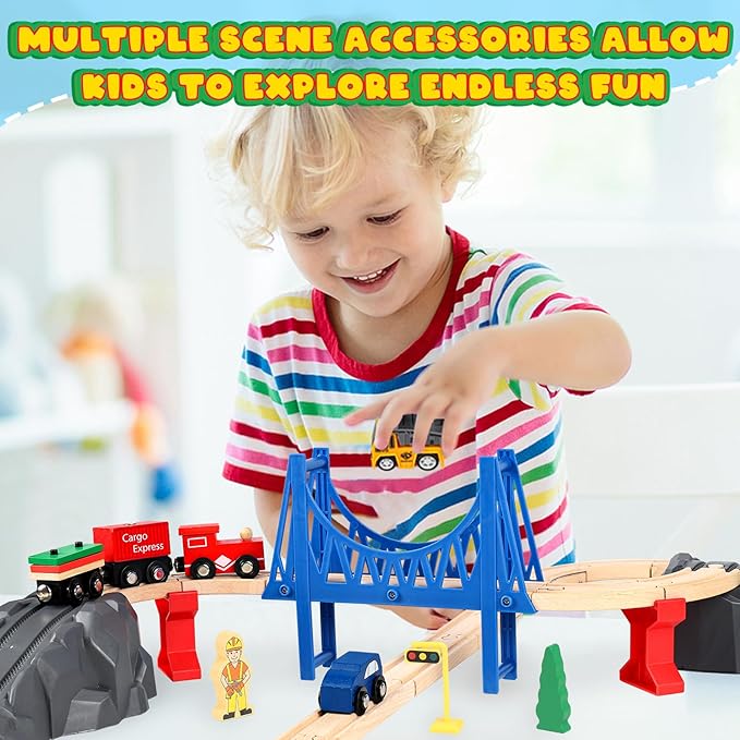 Wooden Train Set for Toddlers & Kids, 72Pcs Wooden Train Track with Crane, Expandable Toys Train Set for 3 4 5 6 7 Years Old Boys & Girls Christmas Birthday Gifts - Fits All Major Brands Railway Set