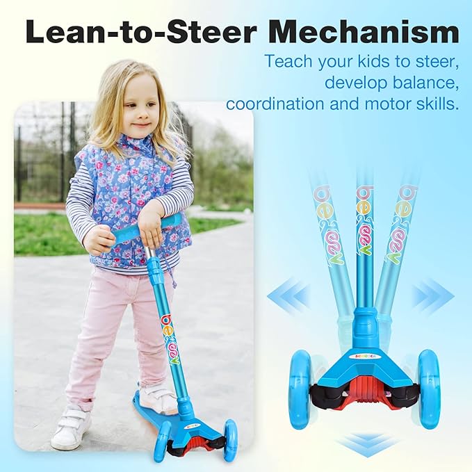 BELEEV A2 Scooters for Kids 3 Wheel Kick Scooter for Toddlers Girls Boys, 4 Adjustable Height, Lean to Steer, Light up Wheels, Extra-Wide Board, Easy to Assemble for Children Gift Sport Toys Ages 3-12