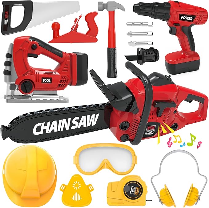 Kids Tool Set with Electric Toy Drill Chainsaw Jigsaw Toy Tools, Realistic Kids Power Construction Pretend Play Tools Set Toy STEM Playset Toddler Toys Kit for Toddler Boy Girl Kid Child Tool Set Toy