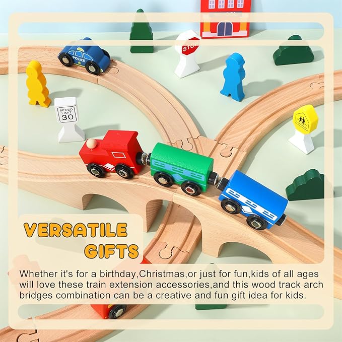 24Pcs Wood Train Track Expansion Set - Wooden Train Track Connectors & Adapters - Train Bridges & Straight Tracks - Accessories for Most Major Toy Trains - Railway