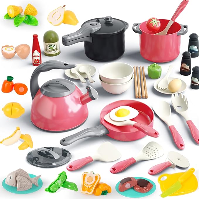 Bruvoalon 67Pcs Kids Play Kitchen Toys Set, Toddlers Pretend Cooking Playset Acccessories with Pots Pans, Utensils Cookware, Foods, Canned Veges, Learning Gift for Kids Girls Boys (Red)