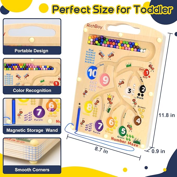 RichBoy Magnetic Maze for 3-5 Year Old, 2-in-1 Magnetic Color and Number Maze, Double-Sided Wooden Busy Board Fine Motor Skills Montessori Toys, Portable Travel Puzzle Game Toddlers Toys
