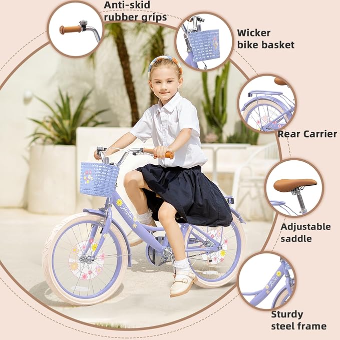 Girls Bike with Basket for Toddlers and Kids Aged 3-14 Years Old, 14 16 18 Inch with Training Wheels & Doll Seat, 20 Inch with Kickstand & Rear Rack, Princess Style Bicycle for Gift