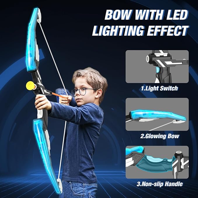 Bow and Arrow for Kids, LED Light Up Archery Set with 12 Suction Cup Arrows, 1 Standing Target, 3 Score Targets & 1 Quiver, Indoor Outdoor Sport Gifts for Boys Girls Ages 4-12, Blue