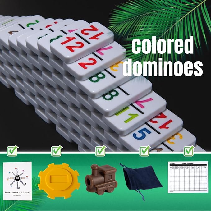 Mexican Dominoes Set in WoodenCase Double 12 Colored Numbers Set with Acrylic Hub, 91 Numbered Domino Tiles, 9 Trains, Family Game for Kids and Adults (Colored Numbers)