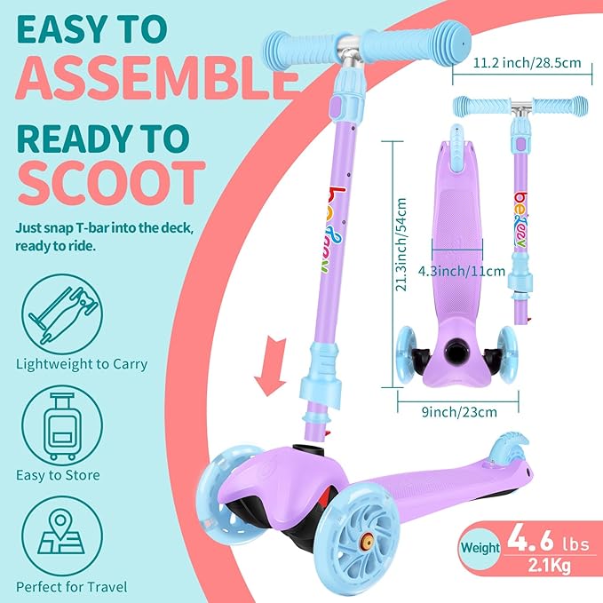 BELEEV A1 Scooter for Kids Ages 2-6, 3 Wheel Kick Scooter for Toddlers Girls Boys, Light up Wheels, Adjustable Height, Lean to Steer, Non-Slip Deck, Lightweight Push Scooter for Children