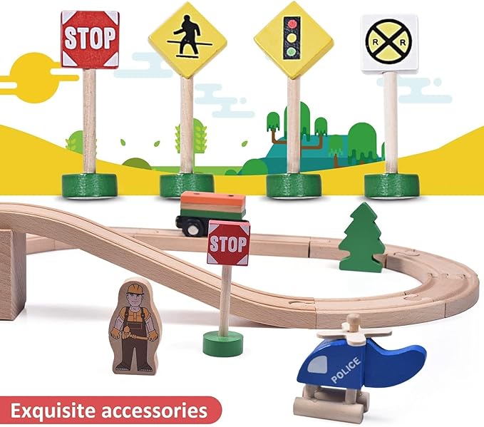 Wooden Train Set,39 Pcs-with All-Wood Train Tracks with Double Sided Wooden Tracks and Color Box for 3+ Year Old Boys and Girls Toddler-Fits Thomas Brio Melissa and Doug… (39PC)