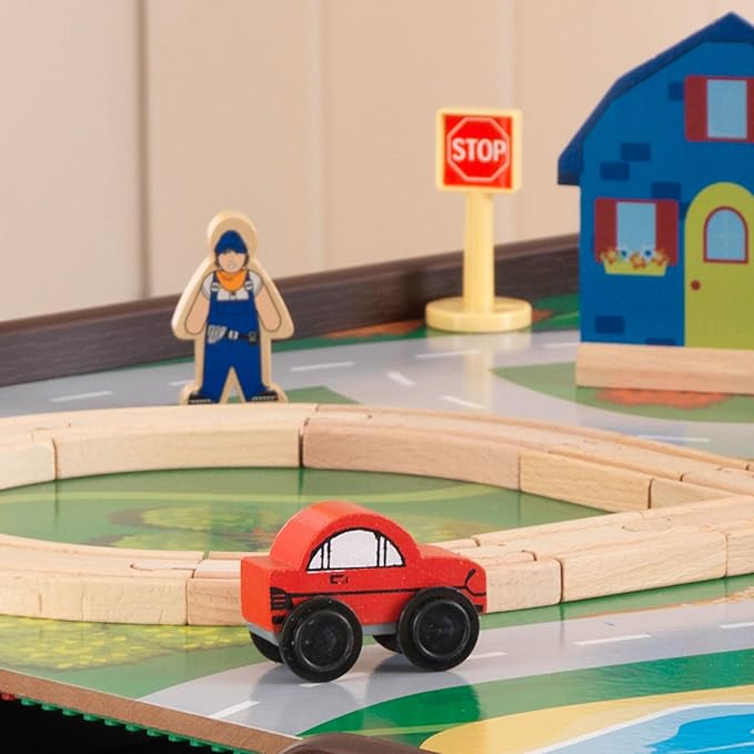 KidKraft 2-in-1 Reversible Top Activity Table with 200 Building Bricks and 30-Piece Wooden Train Set, Espresso, Gift for Ages 3+