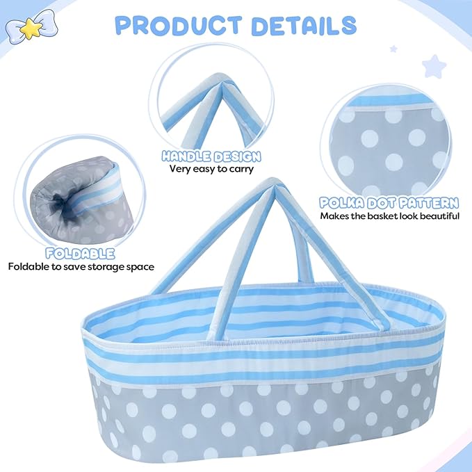 BABESIDE 8 Pcs Reborn Baby Doll Accessories with Bassinet for 17-22 Inch Baby Dolls, Babies Doll Clothes Outfit Accessories fit Reborn Doll Newborn Boy (Not Doll)