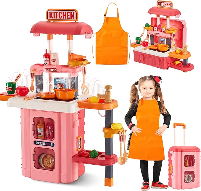 3-in-1 Kids & Toddler Play Kitchen - Interactive Kitchen Playset with Real Cooking Sounds & Lights, 50 Accessories & Flowing Water Feature, Portable Travel Suitcase Design Learning Toys for Ages 2-6