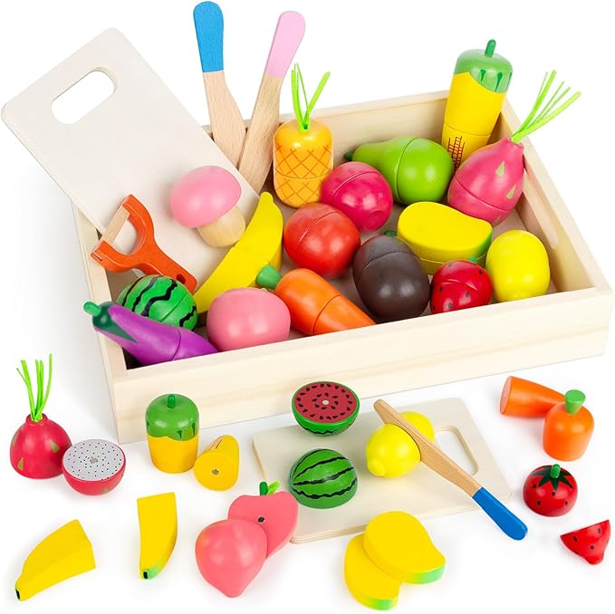 Wooden Play Food Sets for Kids Kitchen Fake Food Cutting Fruit and Vegetables Pretend Play Toddler Toys Food Montessori Toys for 3 4 5 6 7 Years Old Gifts for Boys and Girls
