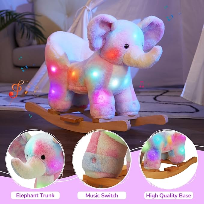 Glow Guards Musical Elephant Baby Rocking Horse Set with Rainbow Plush Toy, Wooden Chair for Toddlers Girls & Babies Age 1-3