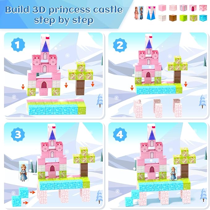 Updated Magnetic Blocks-Princess Castle, Creative Magnetic Building Blocks Toddler Toys, Birthday Gifts for Kids 3+ Years Old, STEM Montessori Sensory Toy for Boys & Girls Age 3-4 4-5 6-8