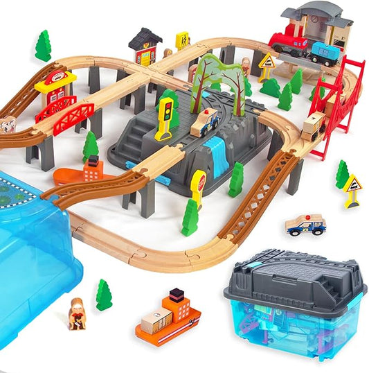 100Pcs Wooden Train Set for 3 Year Old Boys, Double-Side Train Set Tracks with Bridge Train Station & Storage Box, Fits Brio, Thomas, Melissa and Doug, Kids Gift Toys for Boy 3-7 (100pcs)