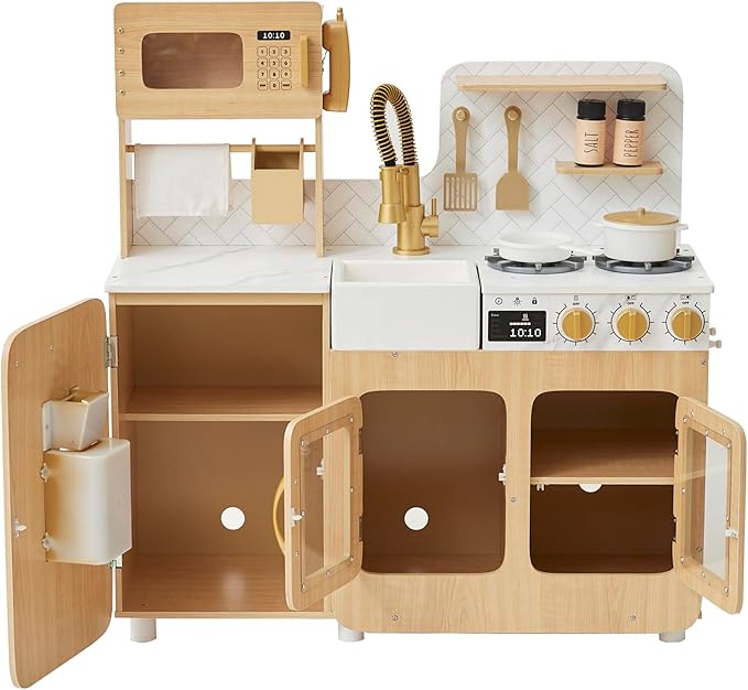 Teamson Kids Little Chef Cyprus Wooden Play Kitchen Set – Pretend Toy Kitchen for Toddlers & Kids Ages 3+ with Ice Maker, Storage & Accessories – Play Kitchen for Kids, Light Oak & White Faux Marble