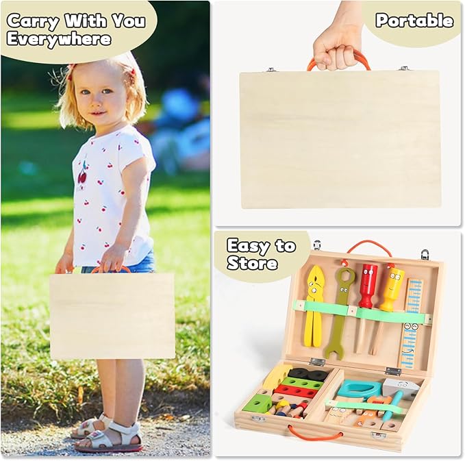 TONZE Kids Tool Set Wooden Toddler Tools Montessori Toys for 3 4 Year Olds, 34 PCS Educational STEM Construction Toys Pretend Play Toddler Tool Set Birthday Gift for Age 3-4 Boys & Girls