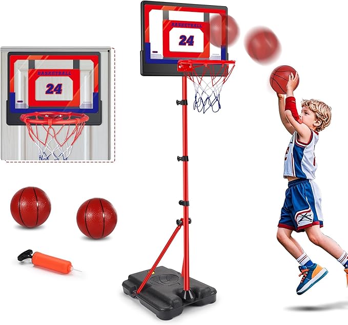 Kids Basketball Hoop Stand Adjustable Basketball Set Toddler Basketball Toys for 3 to 8 Years Old Indoor Outdoor Play Ages 3-5 6-8 Backyard Sport Games for 2 3 4 5 6 Year Old Boy Girl Birthday Gift
