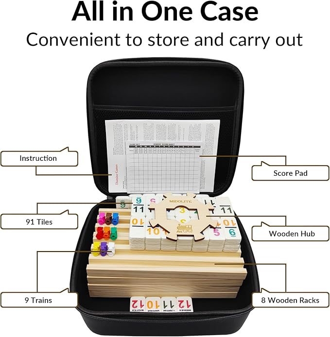 Mexican Train Dominoes Set with Numbers and 8 Wooden Racks, Double 12 Domino Travel Set with Wooden Hub, 91 Colored Domino Tiles Game Set with for Family Game Night