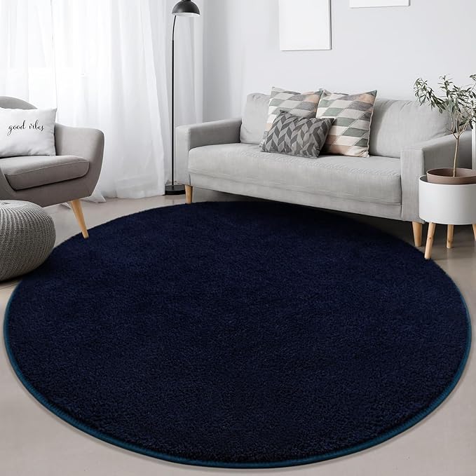 FlyDOIT Round Area Rugs for Bedroom Living Room, 5x5 Navy Blue Super Soft Comfy Thickened Memory-Foam Indoor Circle Carpets, Modern Aesthetic Minimalist Carpet for Boys Girls Adults Nursery Home Décor