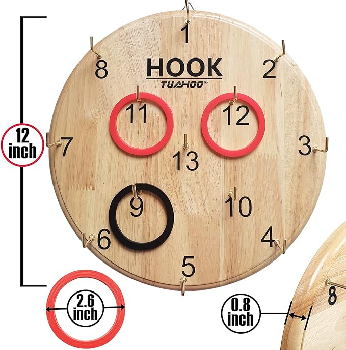 Hook Ring Toss for Kids Adults Indoor Outdoor Family Fun, Wooden Board Darts Wall Game for Game Room, Man Cave, Dorm, Yard Hookey Ring Tossing Games for Home, Party, Office, Backyard