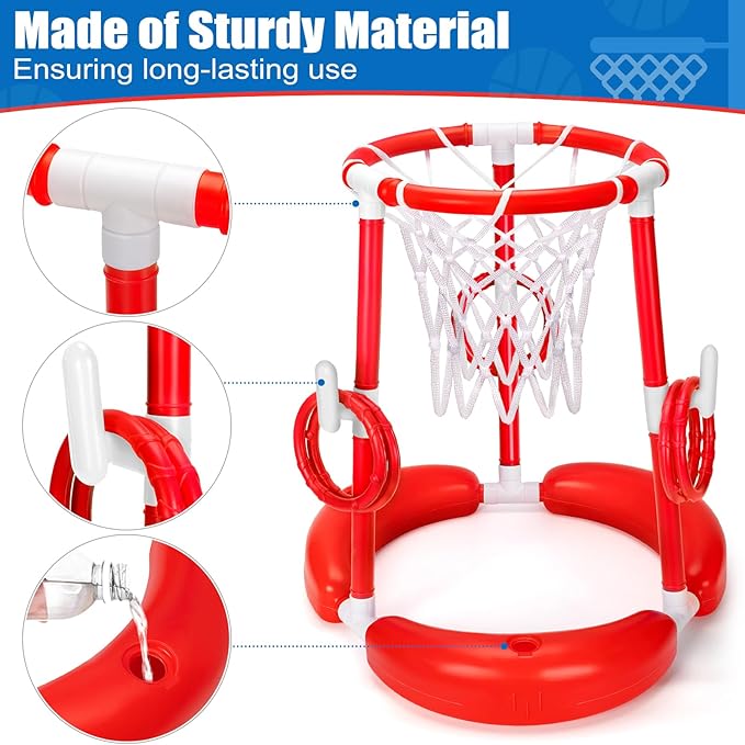 GMAOPHY Pool Basketball Hoop, 2-in-1 Poolside Floating Pool Basketball Game, Swimming Pool Games for Kids Adults Indoor Outdoor Play, Water Play Toy Family Party, Includes Hoop, Balls, Pump, Red