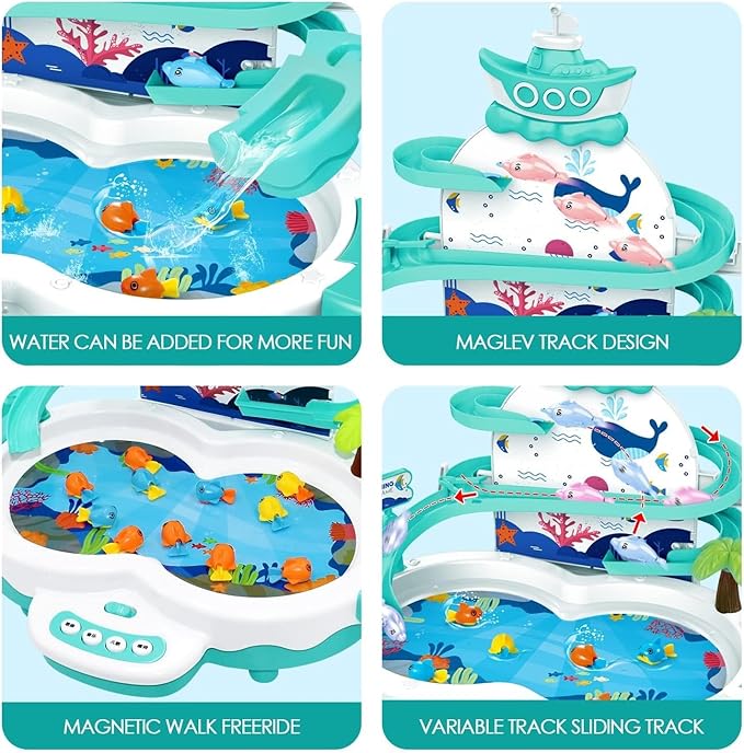 3in1 Fishing Game Toys for Kids with 34PCS Accessories Including Fishing Rod, Small Fish, Track, etc., STEM Toys with Music and Stories for Preschool Learning (Green)