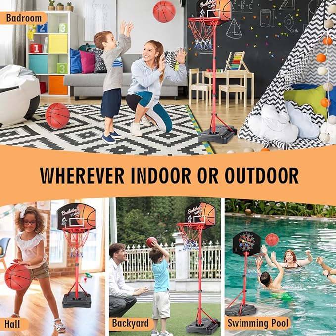 MXF Kids Basketball Hoop Stand with Dart Board, Height Adjustable 2.6ft-6.2ft, Portable Mini Basketball Hoop Set with Balls & Darts, 2 in 1 Indoor Outdoor Toys for Kids Toddlers Ages 4-8