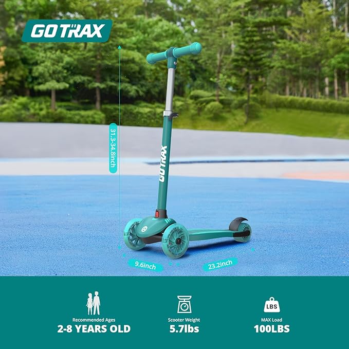 Gotrax KS1 Kids Kick Scooter, LED Lighted Wheels and 3 Adjustable Height Handlebars, Lean-to-Steer & Widen Anti-Slip Deck, 3 Wheel Scooter for Boys & Girls Ages 2-8 and up to 100 Lbs