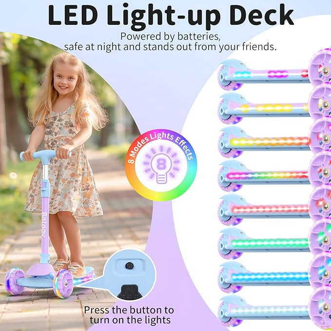BELEEV A9 Kids Scooter with LED Light-Up Wheels & Deck, 3 Wheel Folding Scooter for Toddlers Girls Boys Ages 3-12, Adjustable Handlebar, Lean to Steer, Extra-Wide Wheels, Kick Scooter for Children