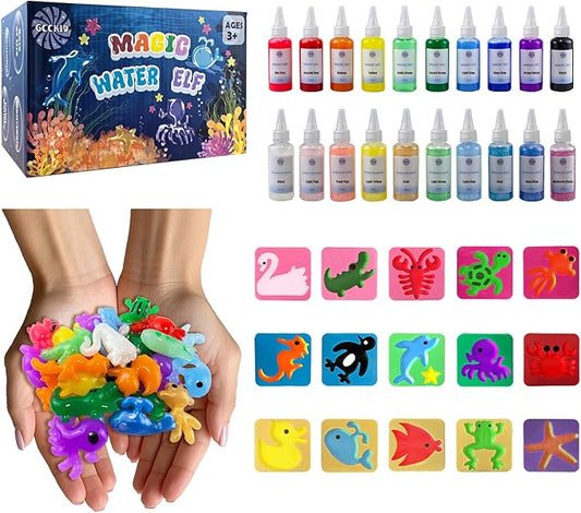 Magic Water Elf Toy Kit for Kids Ages 3-12, DIY Sensory Craft with 20 Bottles of Magic Gel, 15 Molds, STEM Educational Science Activity, Water Beads for Kids Ages 6-12, Birthday Party Gifts