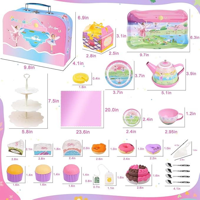 Tea Set for Little Girls,PRE-WORLD 50PCS Princess Tea Party Time Toy Including Dessert,Cookies,Doughnut,Teapot Tray Cake, Tablecloth & Carrying Case,Kids Kitchen Pretend Play for Girls Boys Age 3-6
