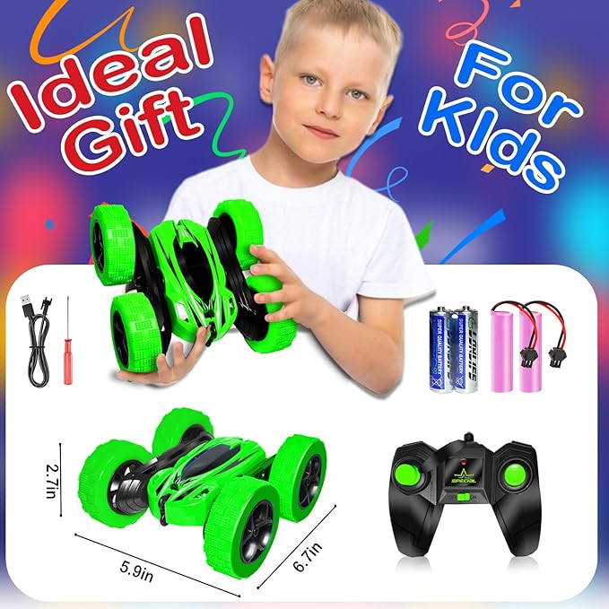 FREE TO FLY Remote Control Car for Boys 8-12: 2.4Ghz Electric Rechargeable Race Stunt Cars Double Sided 360 Rolling Rotating Rotation with Led Headlights