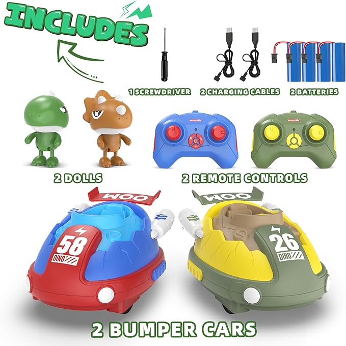 2 Pack Remote Control Car, RC Bumper Cars Toys for Toddlers with LED Light and Music, Dinosaur Figures Bump and Eject Toys RC Race Cars for Kids Boys Girls Gift