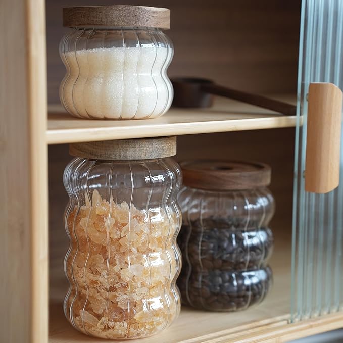 Glass Jar with Wood Lid Cute Decorative Glass Jars Canisters for Nut Coffee Sugur Glass Storage Jar Sets of 3 Size Clear Strip for Kitchen Storage Decor Gift for Christmas (12/20 /27oz)