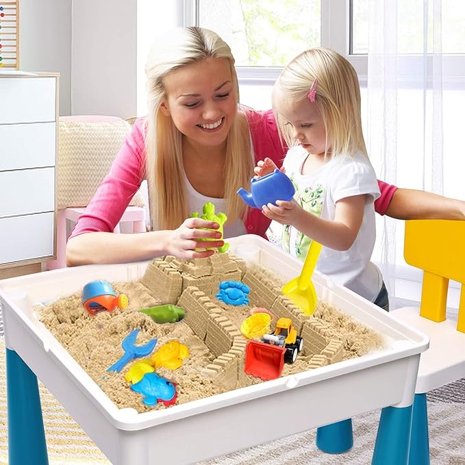 Kids Activity Table Toddlers Kids Table and Chair Set with 152Pcs Large Marble Run Building Blocks All in One Kids Play Water Tables Sand Tables, STEM Toys for Boys Girls 3 4 5 6 Year Old