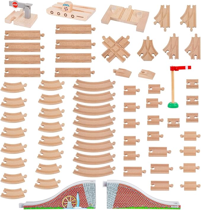 Toys 68 Pcs Wooden Train Track Expansion Pack Compatible with Thomas Wooden Train, Brio, Thomas The Tank Engine (68 Pcs)