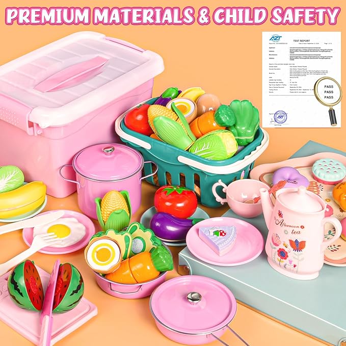 121Pcs Play Kitchen Accessories, Kids Kitchen Playset, Pretend Play Food Tea Party Set, Toy Kitchen Kids Cooking Real with Apron&Chef Hat, Utensils Cookware Pots&Pans, Toy Organizer, Toddler Toys Gift