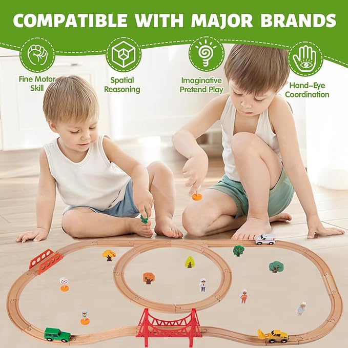 Wooden Train Set for Kids Ages 4-8, Wood Train Track with Magnetic Toy Train Accessories for Toddlers 3-5 Year Old Boy & Girl, Railway Set Road Sign Fit Major Brand Christmas Toy (40 Pieces)