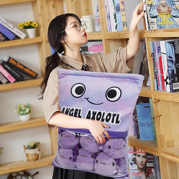 ARELUX Cute Axolotl Plush Pudding Pillow:Snack Pillow Toys Bag Removable Stuffed Animal 6Pcs Sets Creative Plush,Soft Purple Axolotl Plushie Animal Throw Pillow,Dolls Friends Family Member