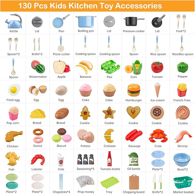 130Pcs Kitchen Playset, Toddler Pretend Cooking Play Pots, Pans, Utensils Cookware, Daily Food Fruit Veges, Shopping Storage Basket, Dessert, Prop Money, Learning Gift for Child (Blue)