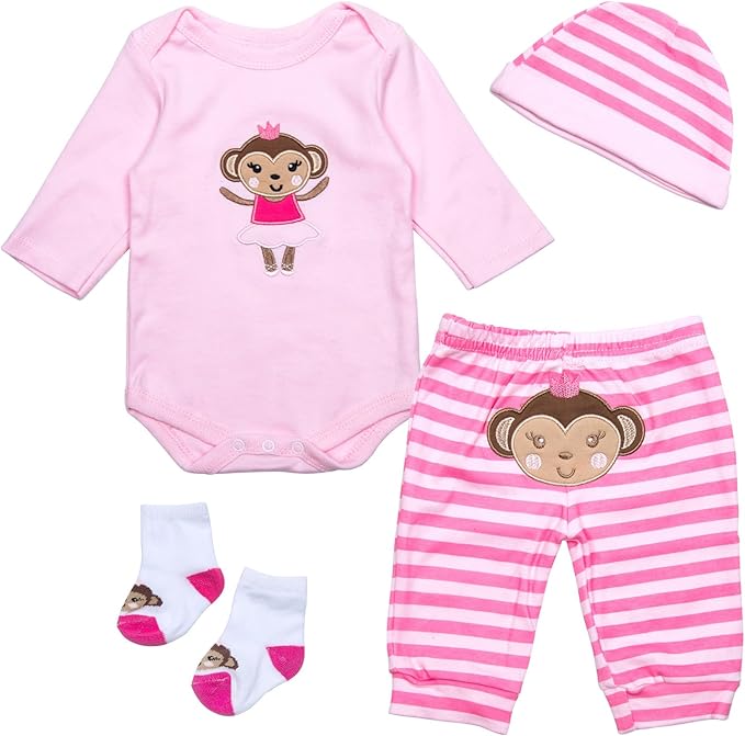Reborn Baby Doll Clothes for 20-22 inch Reborn Doll Girl Pink Monkey Outfit Accessories 4 Pieces