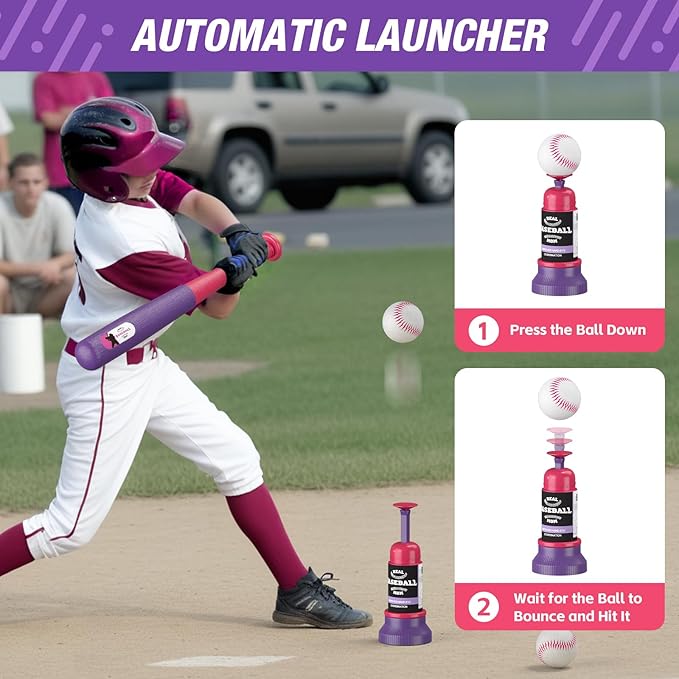 QDRAGON 4 in 1 Tball Set for Toddlers 3-5 with Toss and Catch Ball Set / 2 Bats, Hanging Tee Ball Stand with Auto Pitching Machine, Indoor Outdoor Sport Toys Games Christmas Birthday Gifts for Girls